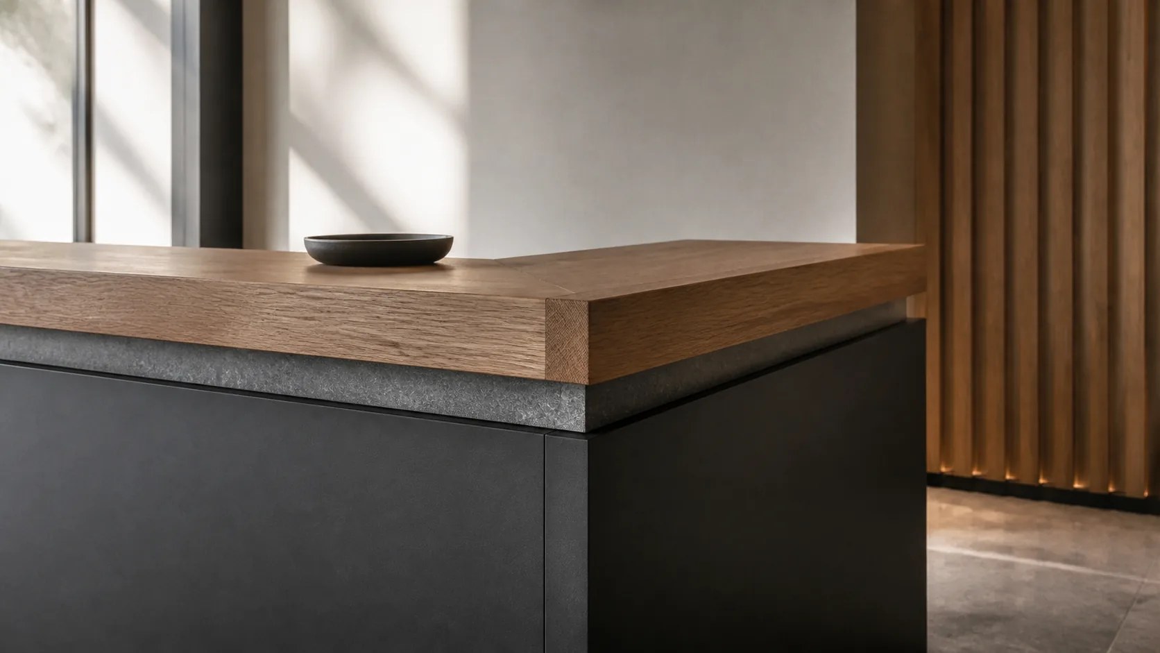 Габариты стойки ресепшн рассчитывают от числа администраторов и площади лобби: на одного сотрудника — 1,5–2 м длины,